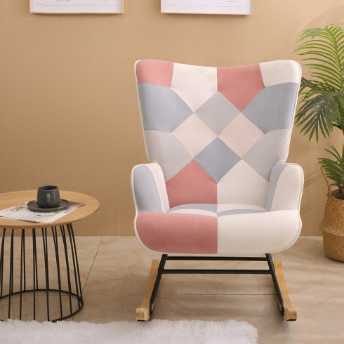 Modern Patchwork Rocking Chair – Mid-Century Accent Chair with Wood Legs for Home Decor