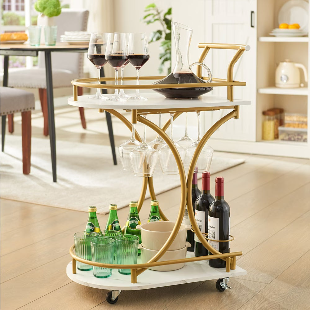 2-Tier Bar Cart – Rolling Beverage & Wine Serving Trolley with Storage Shelves for Home or Party Use